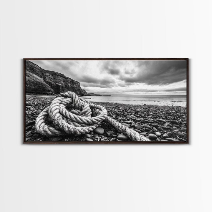 Coastal Rope, Pebble Shore, Nautical Texture, Rugged Seascape, Canvas Print, Bathroom Wall Art, Beach House Style, Moody Ocean Decor