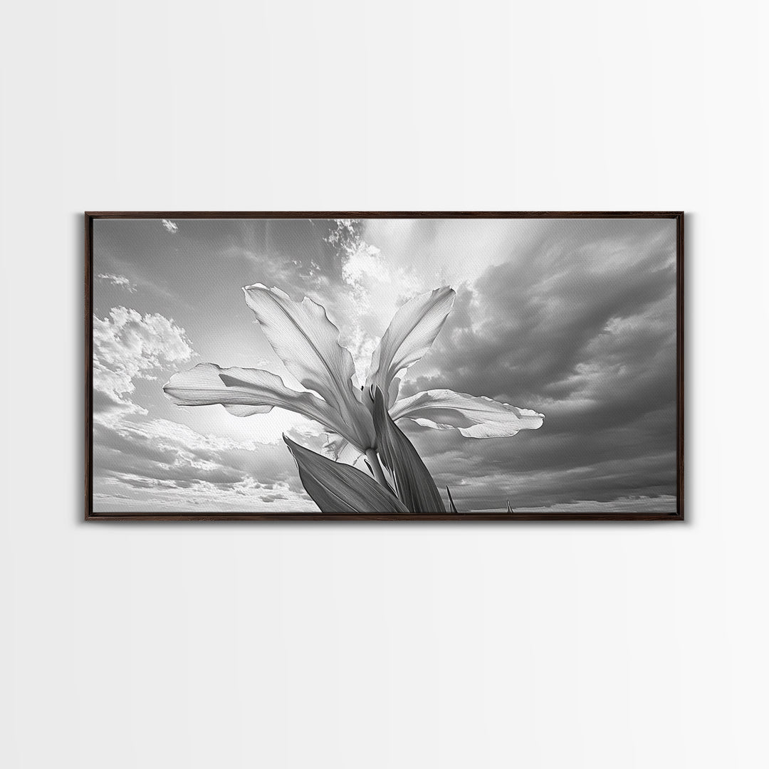 Blooming Iris, Floral Sky, Dreamy Nature, Petal Light, Framed Canvas Print, Modern Bedroom Art, Feminine Wall Art, Botanical Home Decor