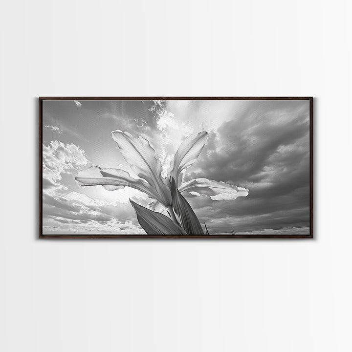 Blooming Iris, Floral Sky, Dreamy Nature, Petal Light, Framed Canvas Print, Modern Bedroom Art, Feminine Wall Art, Botanical Home Decor