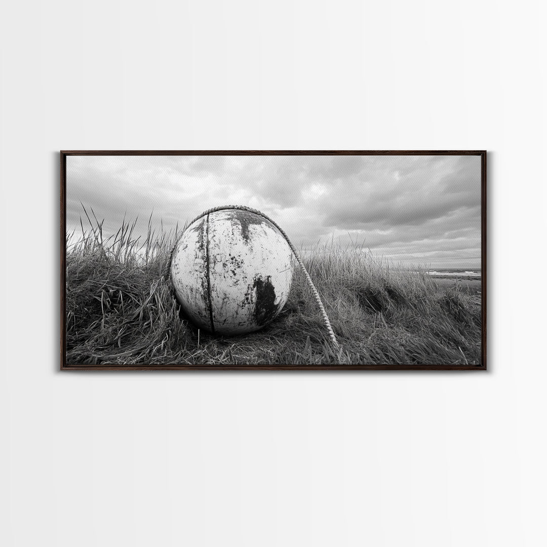 Coastal Buoy, Nautical Sphere, Fishing Rope, Beach Grass, Framed Canvas Print, Coastal Bathroom Art, Seaside Wall Decor, Rustic Style