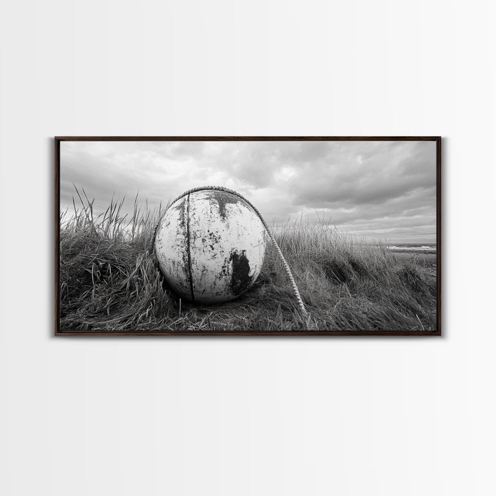 Coastal Buoy, Nautical Sphere, Fishing Rope, Beach Grass, Framed Canvas Print, Coastal Bathroom Art, Seaside Wall Decor, Rustic Style