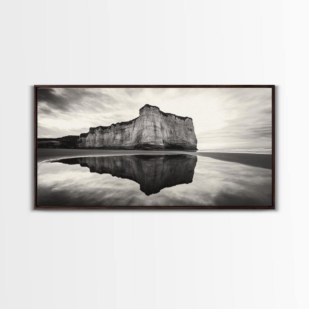 Cliff Reflection, Coastal Monolith, Seashore Beauty, Sunset Vibes, Framed Canvas Print, Living Room Art, Minimalist Beach Scene