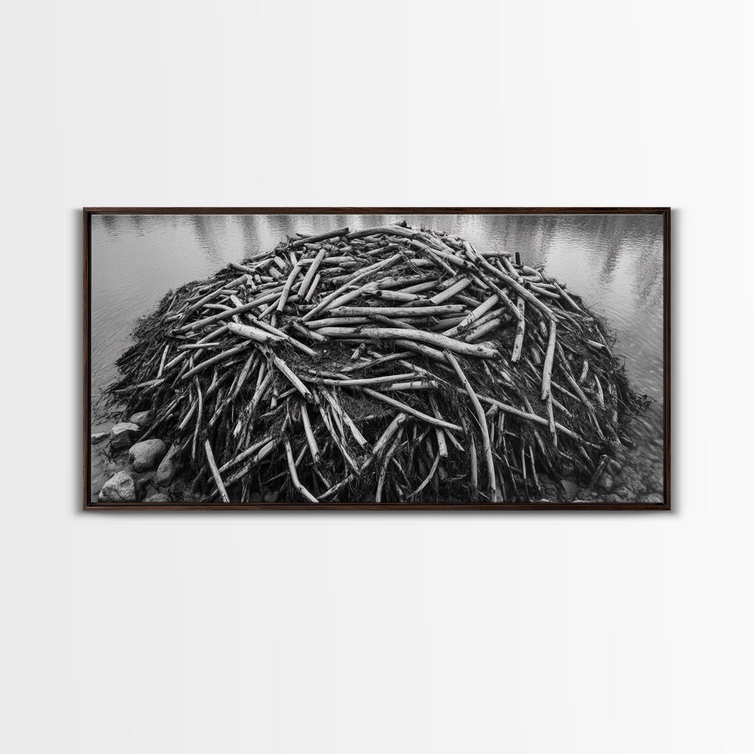 Beaver Lodge, Natural Structure, Earthy River Habitat, Framed Canvas Print, Cabin Wall Art, Nature-Inspired Rustic Fall Decor