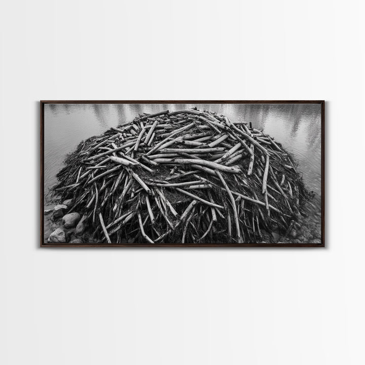 Beaver Lodge, Natural Structure, Earthy River Habitat, Framed Canvas Print, Cabin Wall Art, Nature-Inspired Rustic Fall Decor