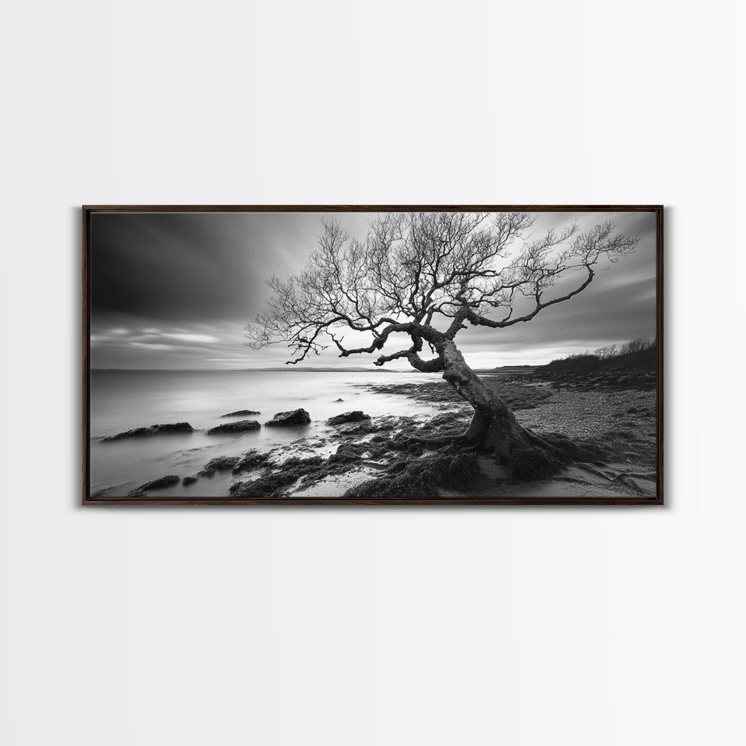 Coastal Tree, Tidal Shore, Windswept Beauty, Natural Balance, Framed Canvas Print, Bedroom Wall Art, Boho Decor, Serene Seascape