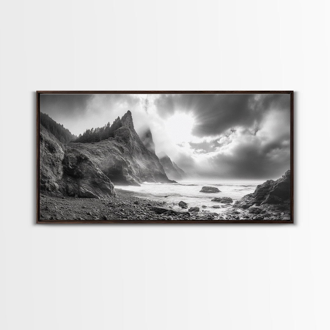 Coastal Cliffside, Stormy Sea, Dramatic Sky, Ocean Mood, Framed Canvas Print, Monochrome Art, Living Room Beach House Decor