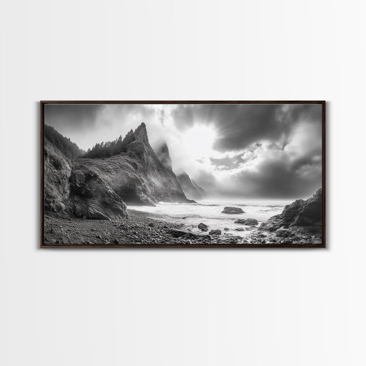 Coastal Cliffside, Stormy Sea, Dramatic Sky, Ocean Mood, Framed Canvas Print, Monochrome Art, Living Room Beach House Decor