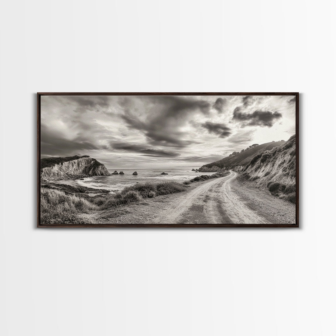 Coastal Road, Scenic Journey, Ocean Path, Cloudy Sky, Framed Canvas Print, Rustic Wall Art, Entryway Wanderlust Landscape, Coastal House