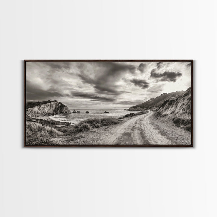 Coastal Road, Scenic Journey, Ocean Path, Cloudy Sky, Framed Canvas Print, Rustic Wall Art, Entryway Wanderlust Landscape, Coastal House