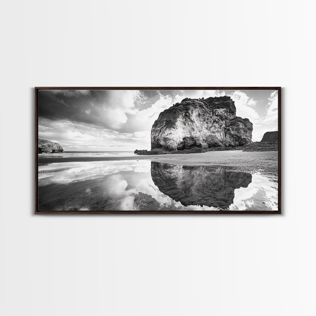 Beach Reflection, Seaside Rock, Cloudy Horizon, Coastal View, Framed Canvas Print, Minimalist Wall Art, Bathroom Ocean Decor