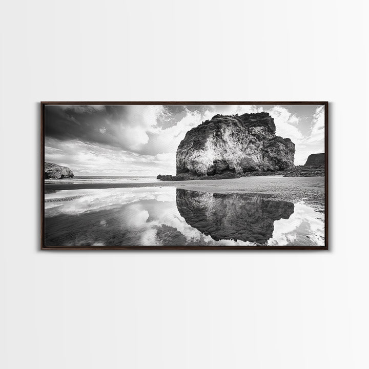 Beach Reflection, Seaside Rock, Cloudy Horizon, Coastal View, Framed Canvas Print, Minimalist Wall Art, Bathroom Ocean Decor