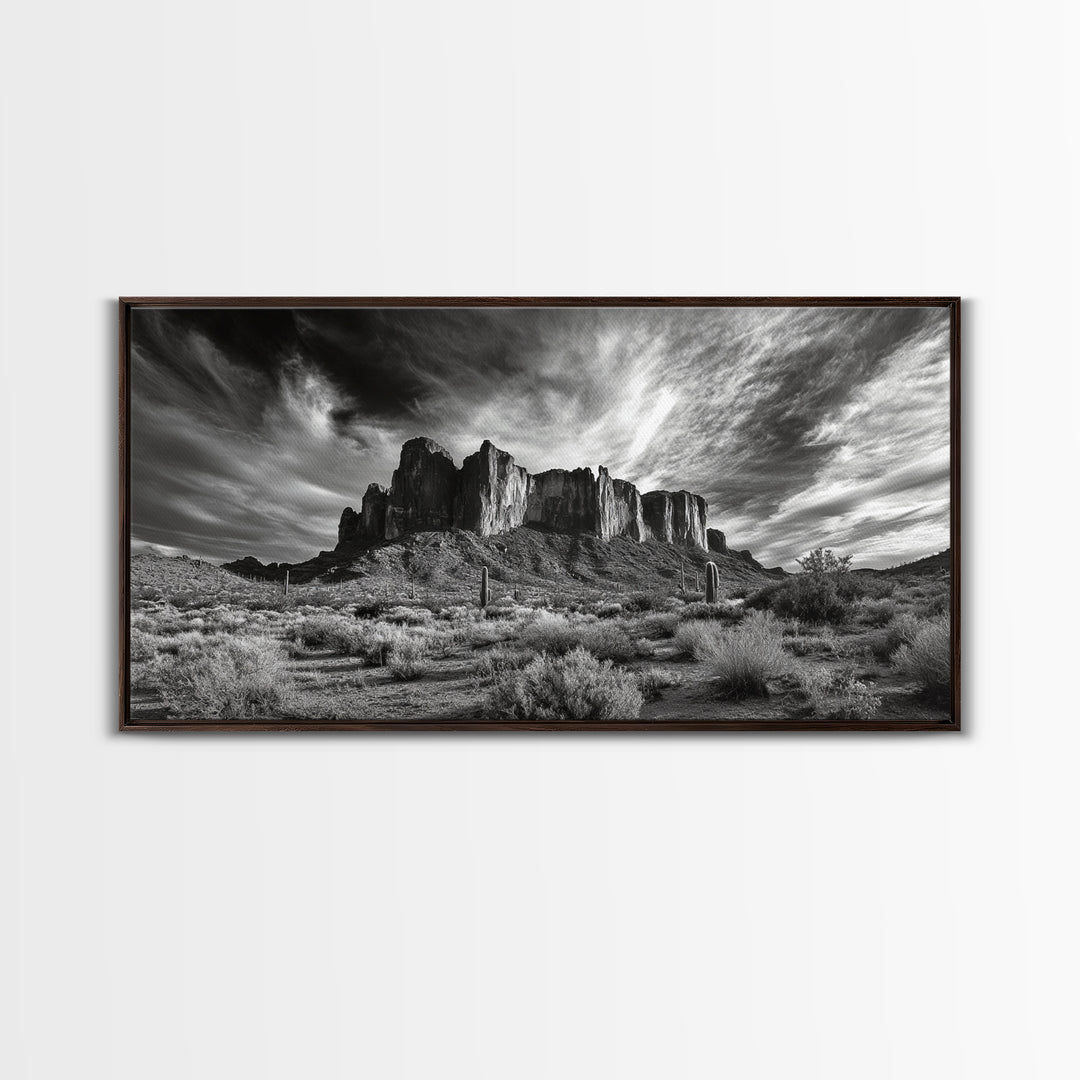Desert Mesa, Dramatic Sky, Western Landscape, Cactus Field, Framed Canvas Print, Rustic Wall Art, Living Room Southwest Decor
