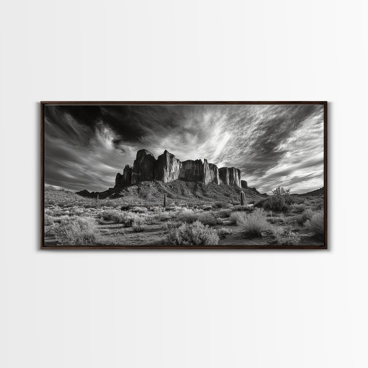 Desert Mesa, Dramatic Sky, Western Landscape, Cactus Field, Framed Canvas Print, Rustic Wall Art, Living Room Southwest Decor