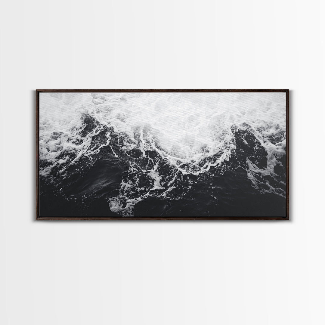 Ocean Texture, Crashing Waves, Abstract Sea, Monochrome Motion, Framed Canvas Print, Coastal Wall Art, Bathroom Minimalist Decor