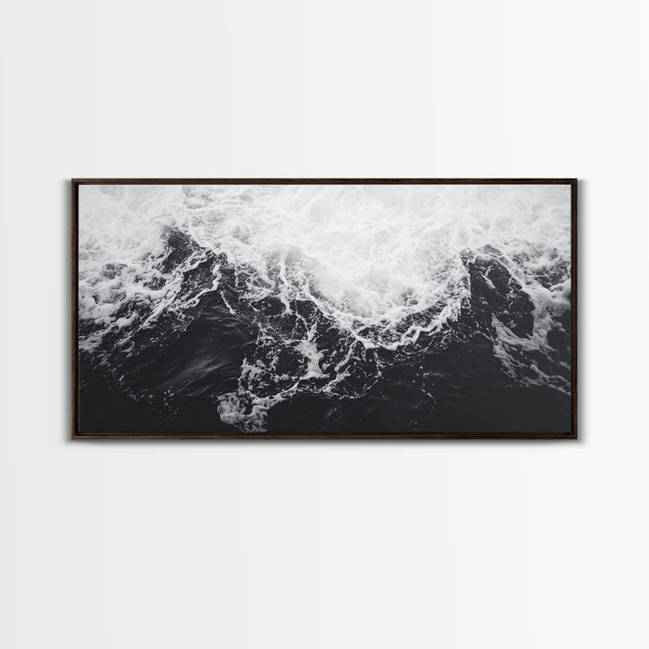 Ocean Texture, Crashing Waves, Abstract Sea, Monochrome Motion, Framed Canvas Print, Coastal Wall Art, Bathroom Minimalist Decor