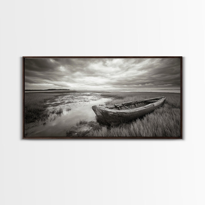 Abandoned Boat, Coastal Marsh Scene, Sepia Seascape, Framed Canvas Print, Living Room Wall Art, Moody Autumn Nautical Decor