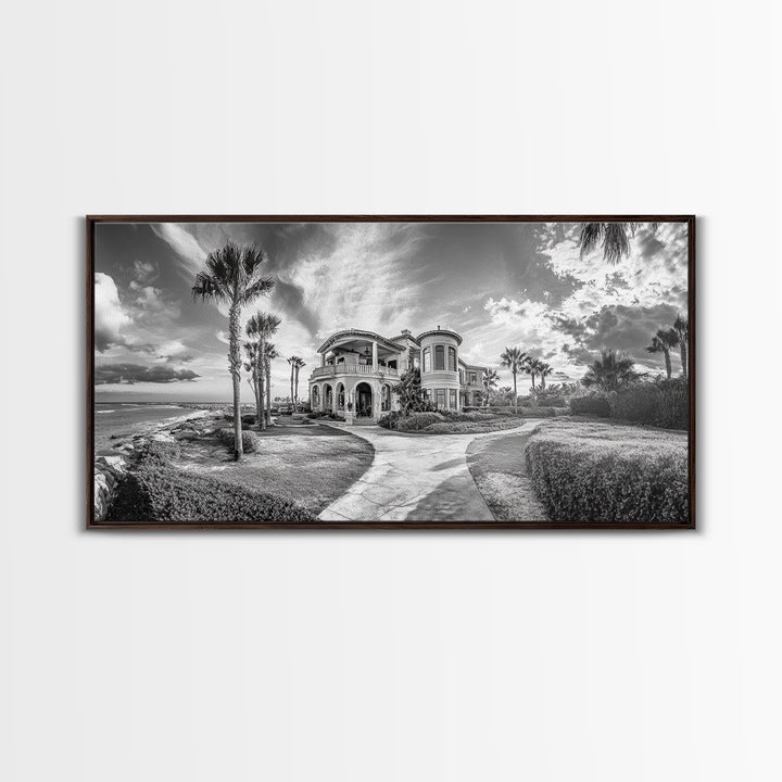 Beach Mansion Wall Art, Tropical Coastal House, Luxury Villa Print, Palm Tree Canvas Print, Living Room Decor, Modern Home Wall Art