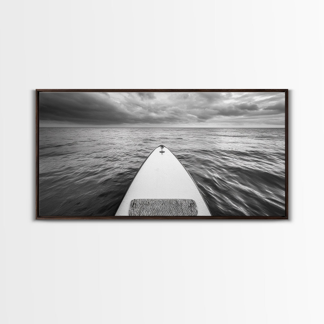 Ocean Horizon Board, Paddleboarding Adventure, Cloudy Sea Landscape, Framed Canvas Print, Modern Coastal Office or Living Room Art