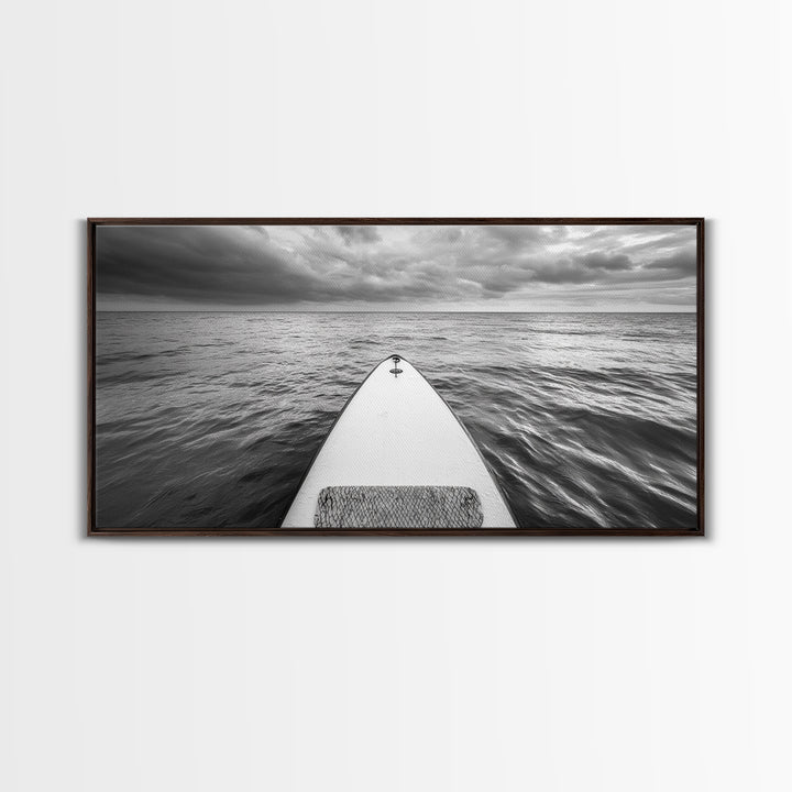 Ocean Horizon Board, Paddleboarding Adventure, Cloudy Sea Landscape, Framed Canvas Print, Modern Coastal Office or Living Room Art