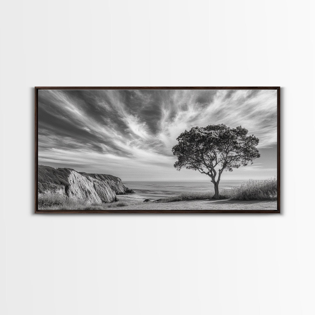 Coastal Tree Cliff, Ocean Breeze Scene, Scenic Nature Vibes, Framed Canvas Print, Boho Bedroom or Serene Living Room Wall Art