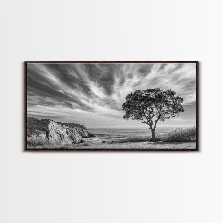 Coastal Tree Cliff, Ocean Breeze Scene, Scenic Nature Vibes, Framed Canvas Print, Boho Bedroom or Serene Living Room Wall Art