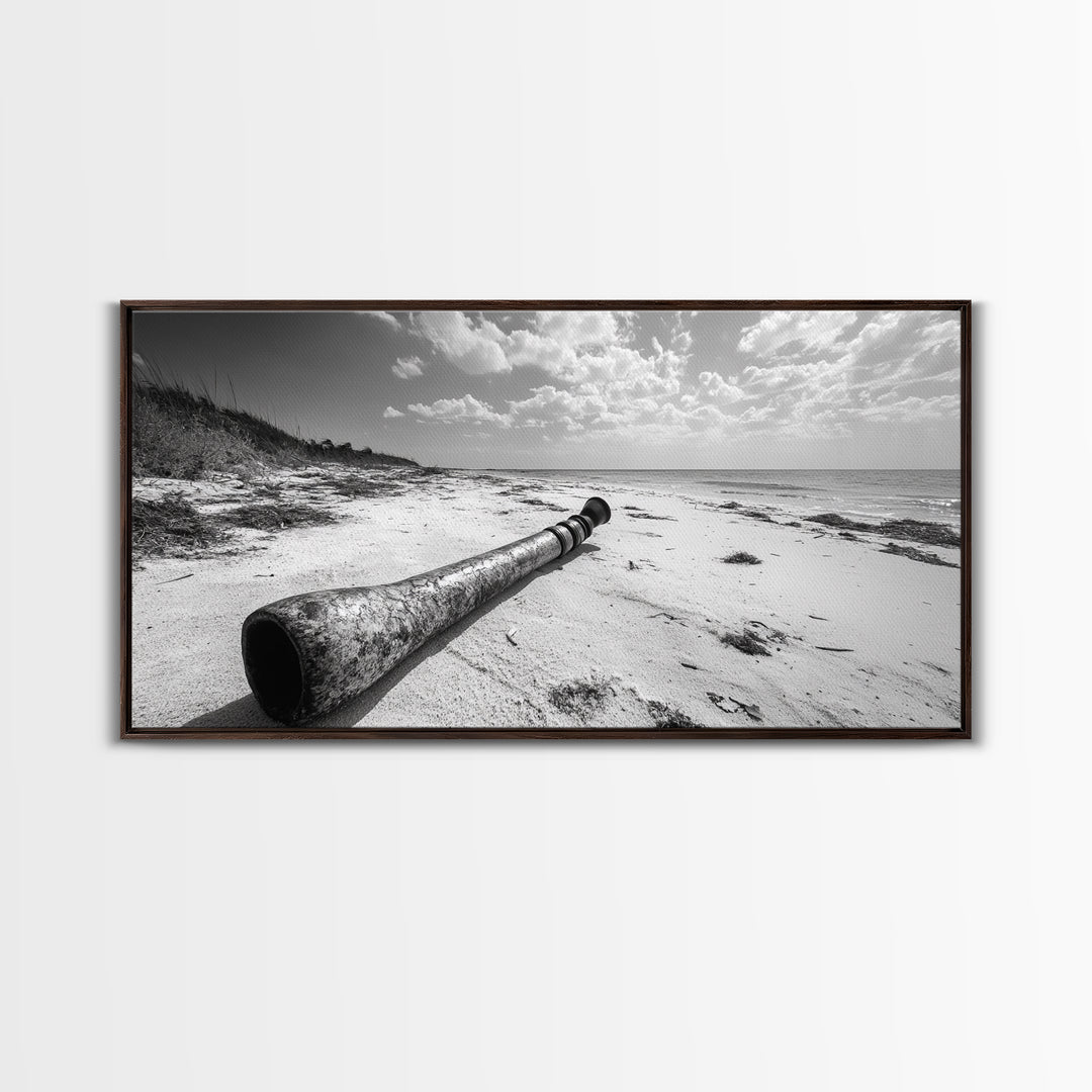 Abandoned Beach Pipe, Surreal Coastal Scene, Washed Ashore Photography, Framed Canvas Print, Moody Living Room or Fall Wall Art