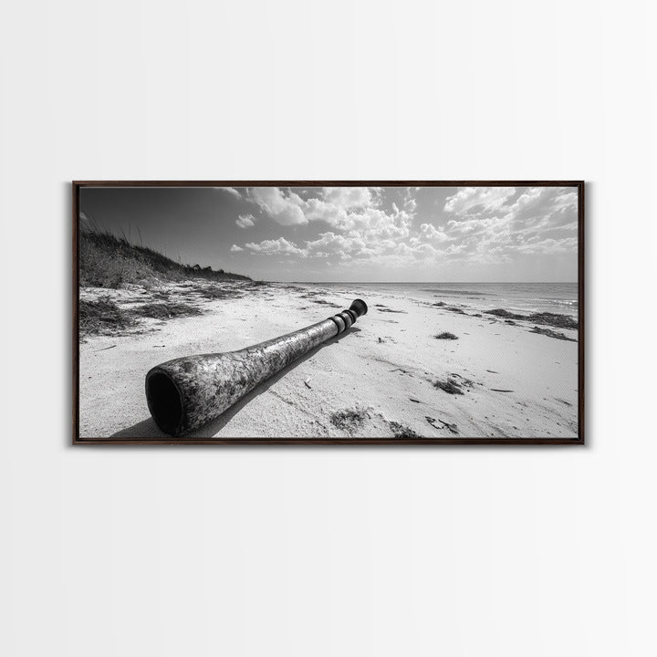 Abandoned Beach Pipe, Surreal Coastal Scene, Washed Ashore Photography, Framed Canvas Print, Moody Living Room or Fall Wall Art