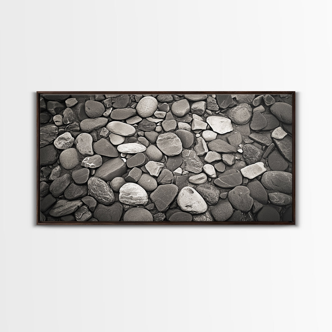 River Stones, Zen Rock Pattern, Natural Earth Tones, Minimal Decor, Framed Canvas Print, Modern Bathroom Spa Wall Art, Living Room Wall Art