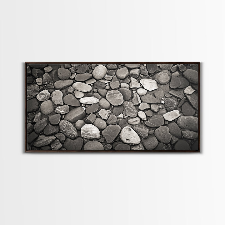 River Stones, Zen Rock Pattern, Natural Earth Tones, Minimal Decor, Framed Canvas Print, Modern Bathroom Spa Wall Art, Living Room Wall Art