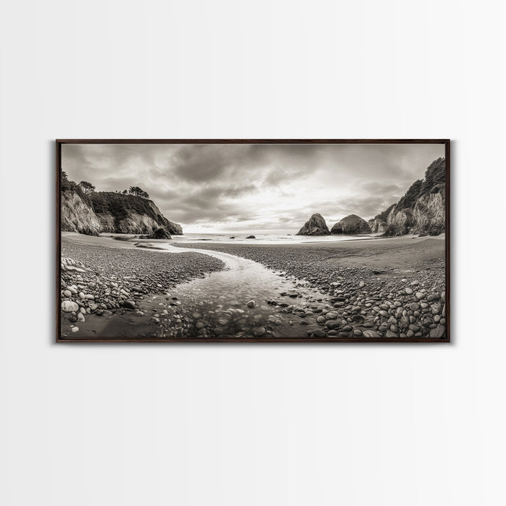 Coastal Pebble Beach, Pacific Shoreline, Serene Nature Landscape, Framed Canvas Print, Neutral Bedroom or Fall Living Room Wall Art