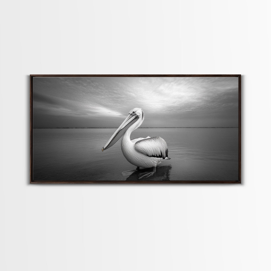 Ocean Pelican, Peaceful Bird Portrait, Coastal Wildlife Art, Framed Canvas Print, Minimalist Entryway or Beach House Wall Art