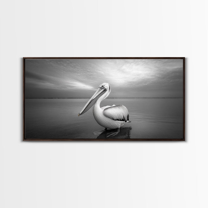 Ocean Pelican, Peaceful Bird Portrait, Coastal Wildlife Art, Framed Canvas Print, Minimalist Entryway or Beach House Wall Art