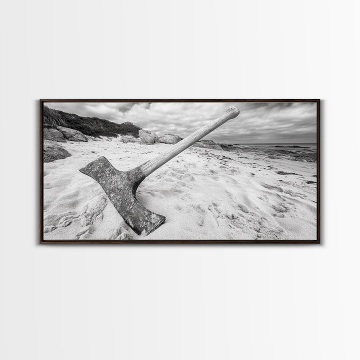 Axe in Sand, Abandoned Tool Scene, Rustic Coastal Mood, Framed Canvas Print, Cabin Wall Art or Moody Fall Living Room Decor, Bathroom Wall Art