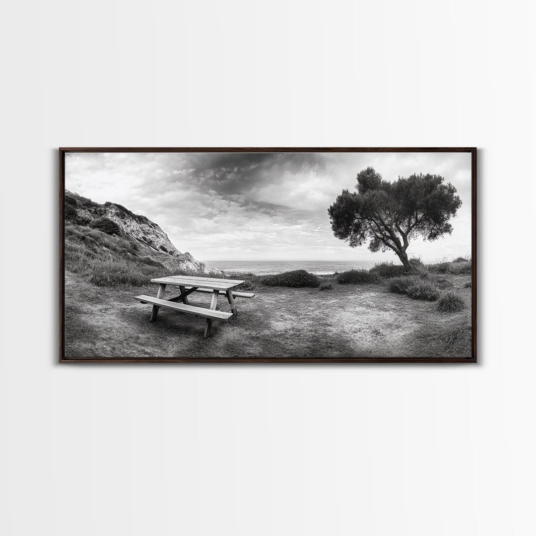 Picnic Table View, Coastal Meadow Scene, Tree and Cliff Horizon, Framed Canvas Print, Relaxing Kitchen or Outdoor Patio Wall Art