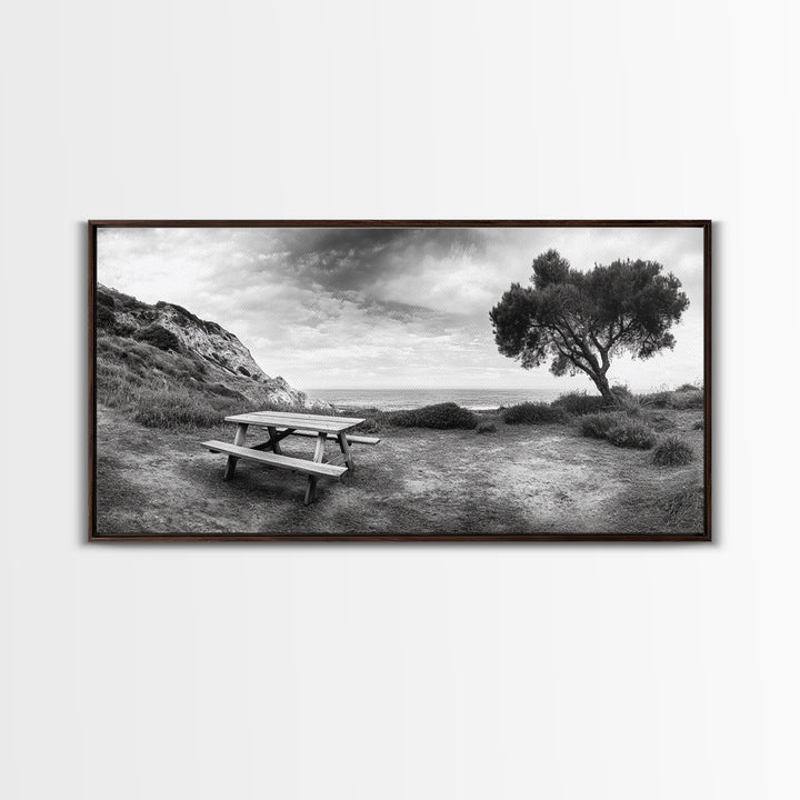 Picnic Table View, Coastal Meadow Scene, Tree and Cliff Horizon, Framed Canvas Print, Relaxing Kitchen or Outdoor Patio Wall Art