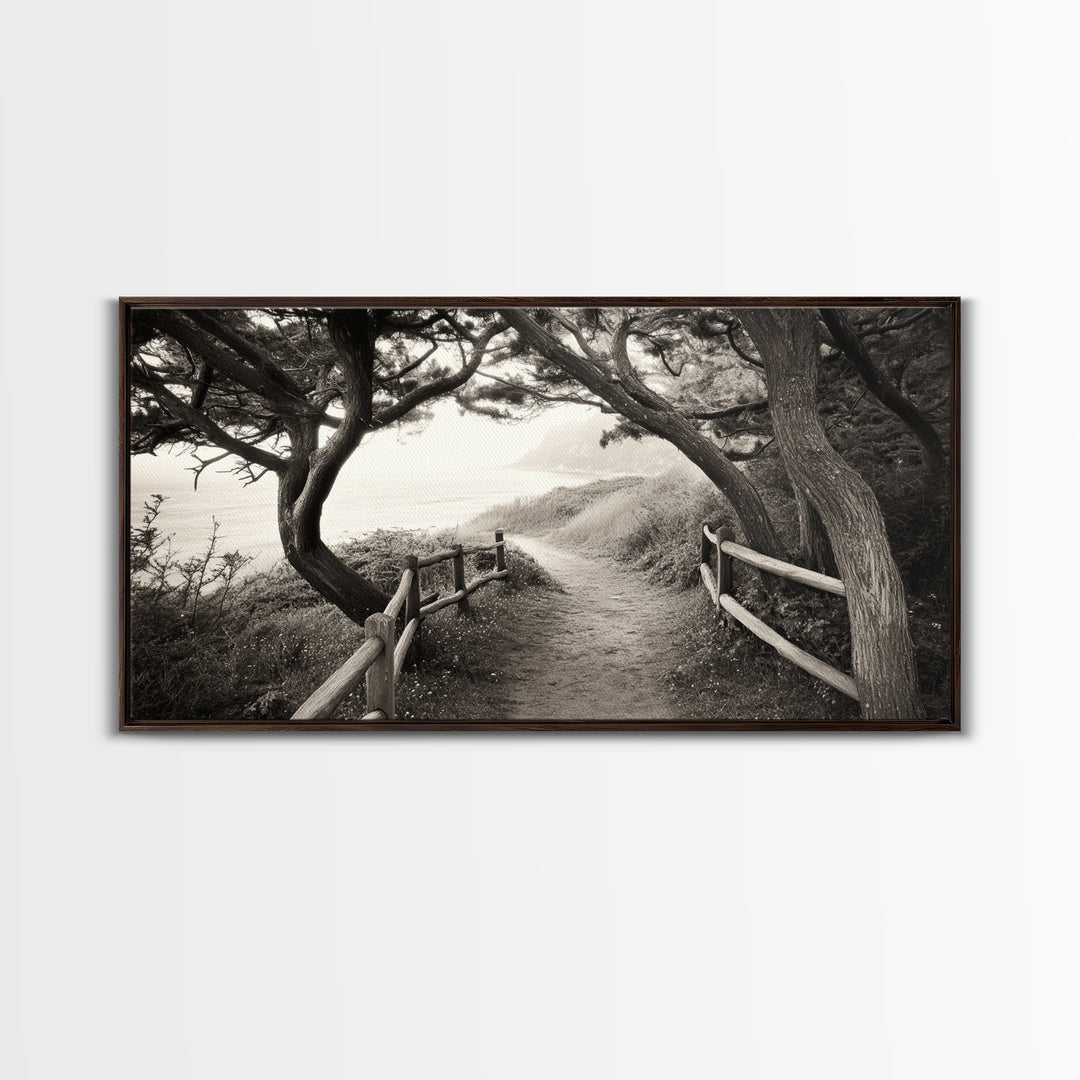 Ocean Cliff Path, Framed Trail Trees, Coastal Escape Scene, Framed Canvas Print, Boho Bedroom or Peaceful Hallway Wall Art, Entryway Accent