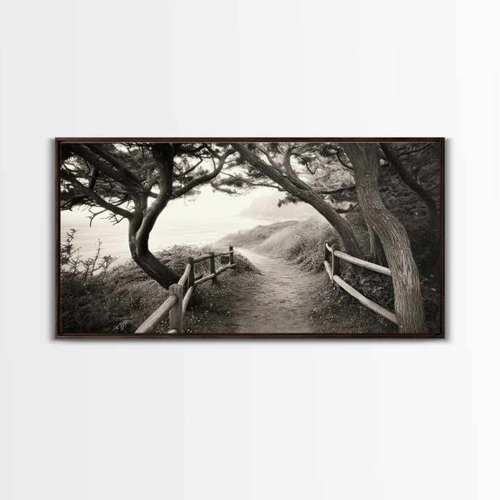 Ocean Cliff Path, Framed Trail Trees, Coastal Escape Scene, Framed Canvas Print, Boho Bedroom or Peaceful Hallway Wall Art, Entryway Accent