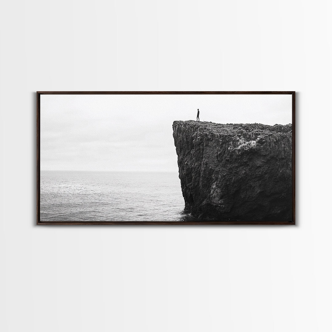 Ocean Cliff, Brave Explorer, Minimal Landscape, Adventure Wall Art, Framed Canvas Print, Modern Home Decor, Inspirational Office Art