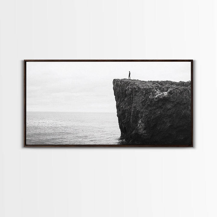 Ocean Cliff, Brave Explorer, Minimal Landscape, Adventure Wall Art, Framed Canvas Print, Modern Home Decor, Inspirational Office Art