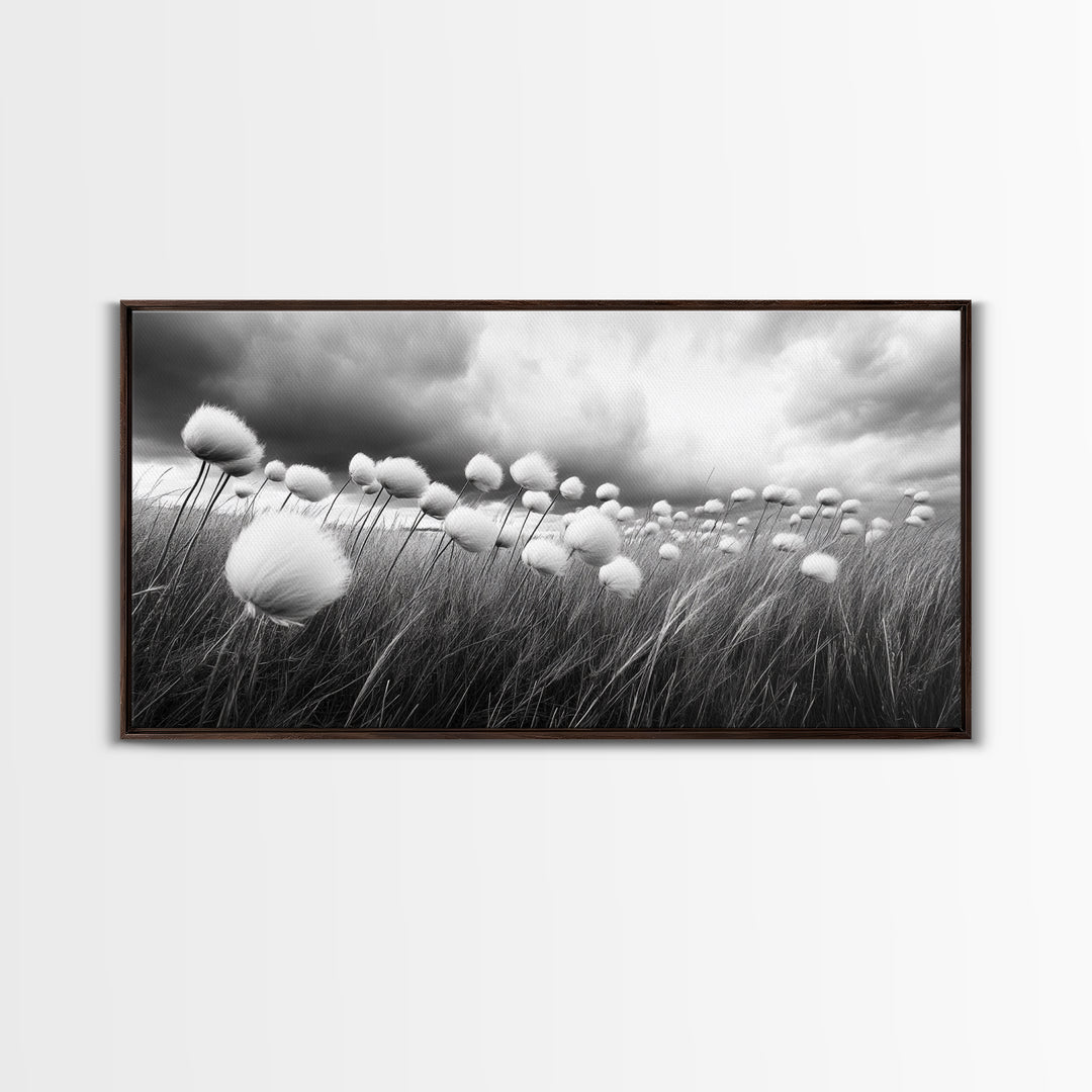Cotton Grass Field, Stormy Sky Art, Botanical Monochrome, Minimalist Nature Print, Framed Canvas Print, Bedroom Wall Art, Nordic Style