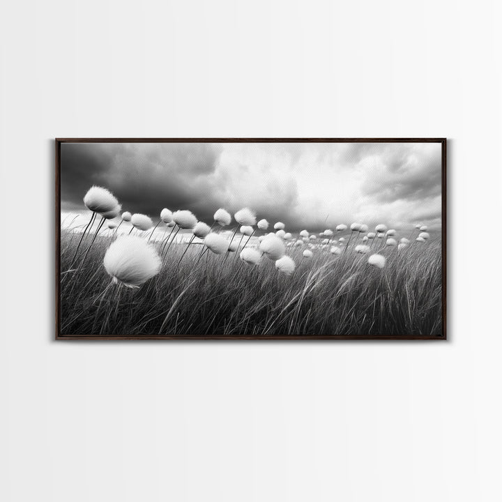Cotton Grass Field, Stormy Sky Art, Botanical Monochrome, Minimalist Nature Print, Framed Canvas Print, Bedroom Wall Art, Nordic Style