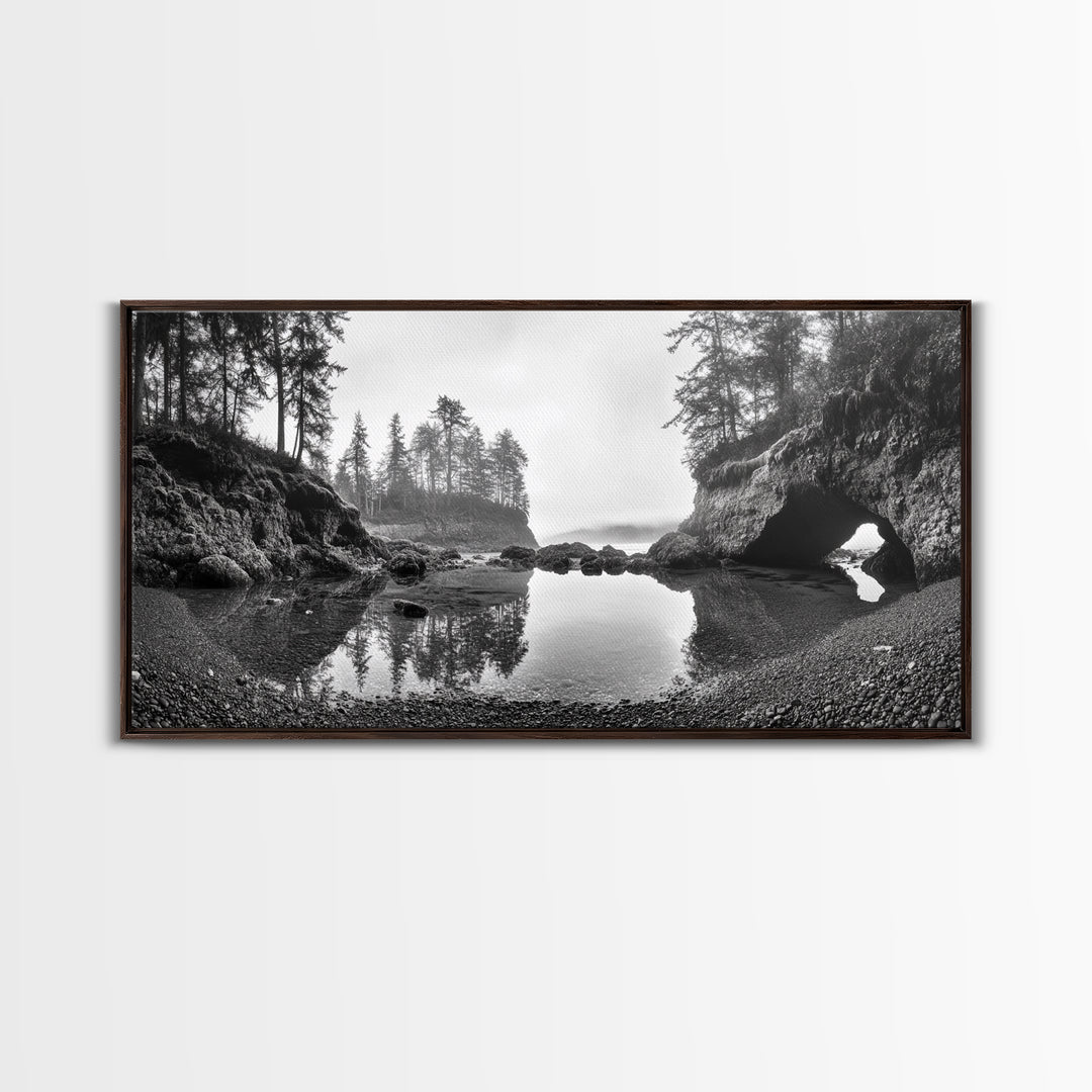Coastal Cave Reflections, Misty Tidepool Scene, Moody Nature Landscape, Canvas Print, Living Room Wall Art, Black And White Art
