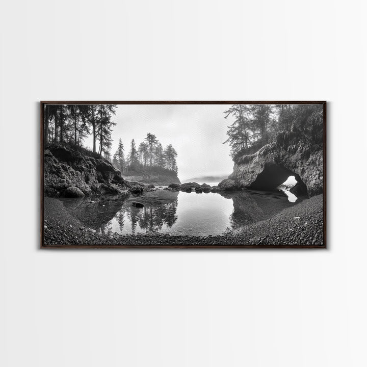 Coastal Cave Reflections, Misty Tidepool Scene, Moody Nature Landscape, Canvas Print, Living Room Wall Art, Black And White Art