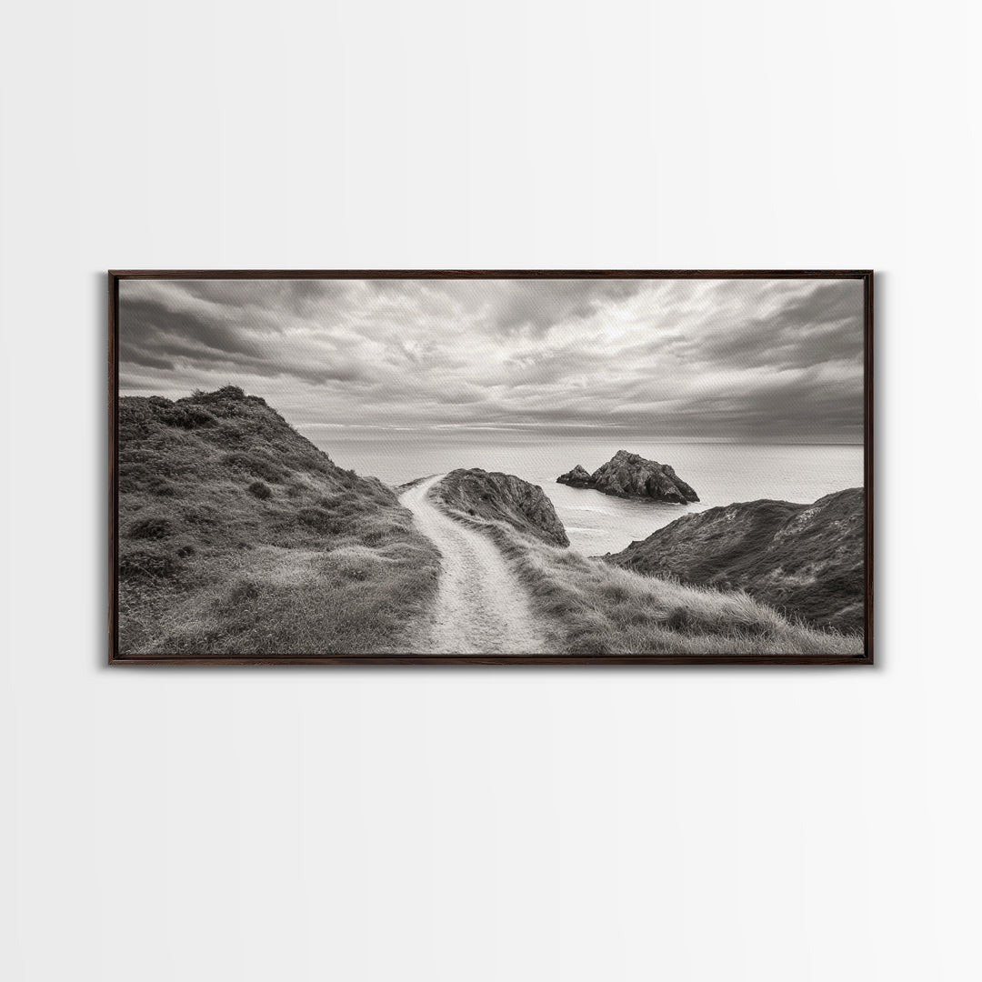 Coastal Cliff Path, Ocean View Trail, Windswept Grass Art, Seaside Wall Decor, Framed Canvas Print, Bedroom Art, Nature Lover Gift