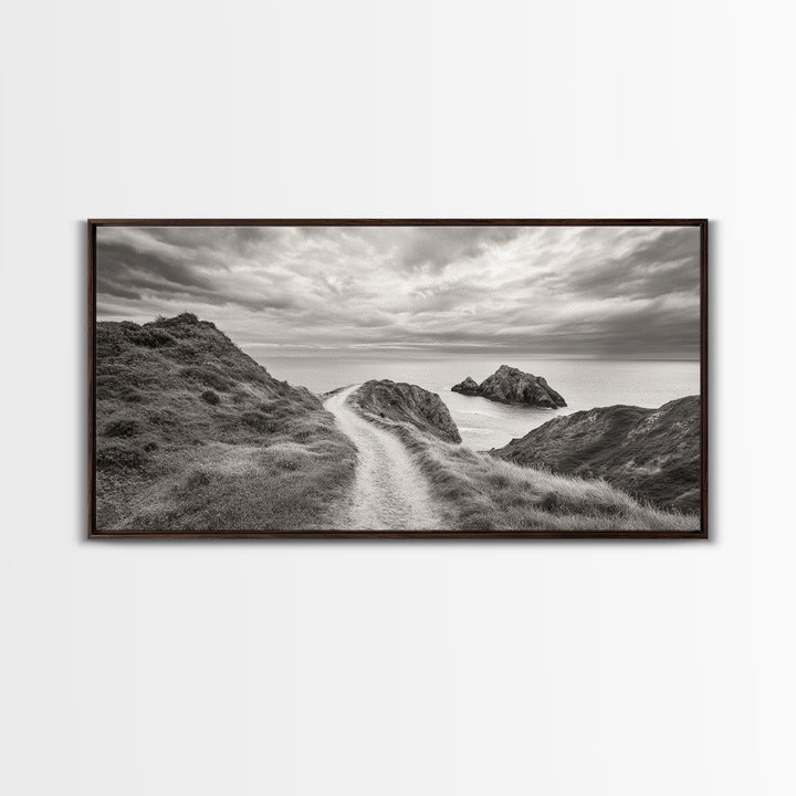 Coastal Cliff Path, Ocean View Trail, Windswept Grass Art, Seaside Wall Decor, Framed Canvas Print, Bedroom Art, Nature Lover Gift