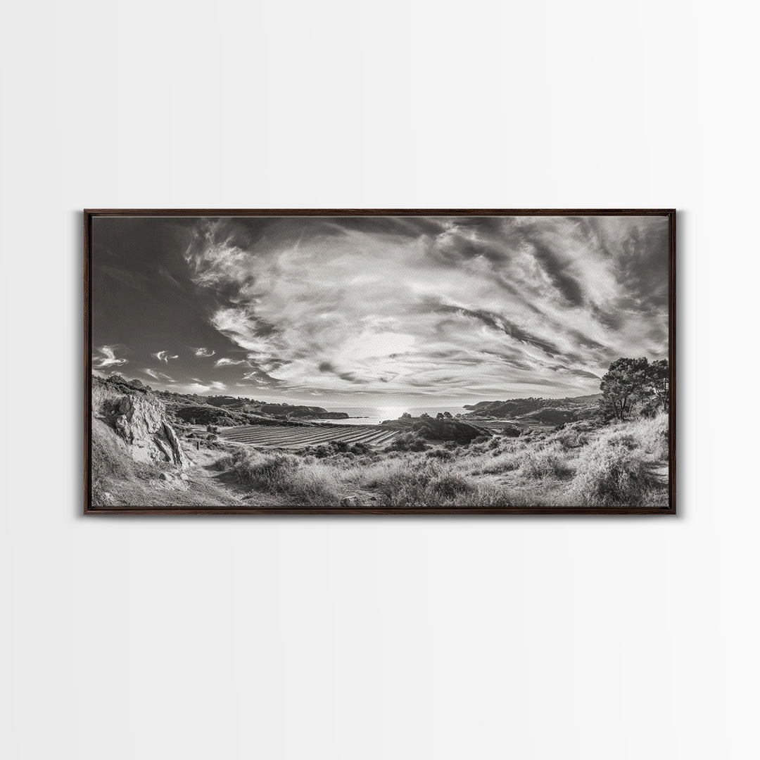 Coastal Hillside Sunset, Vineyard Ocean View, Rolling Landscape Art, Framed Canvas Print, Kitchen Wall Art, California Scenery