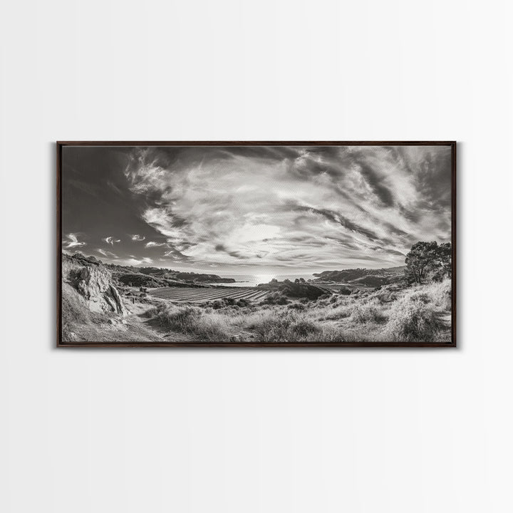 Coastal Hillside Sunset, Vineyard Ocean View, Rolling Landscape Art, Framed Canvas Print, Kitchen Wall Art, California Scenery