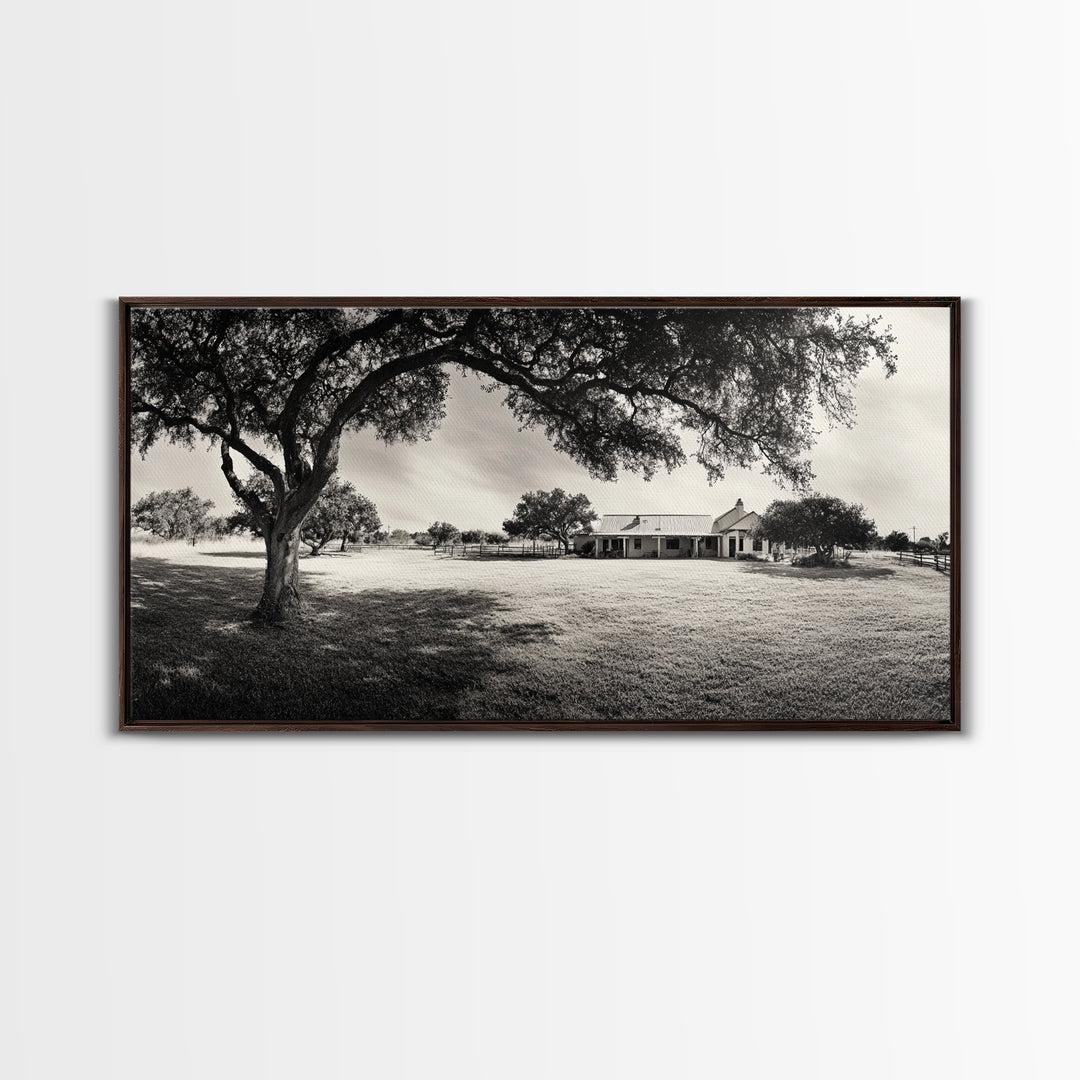 Country Farmhouse Shade, Texas Ranch Home, Oak Tree Horizon, Framed Canvas Print, Rustic Decor, Entryway or Dining Room Art