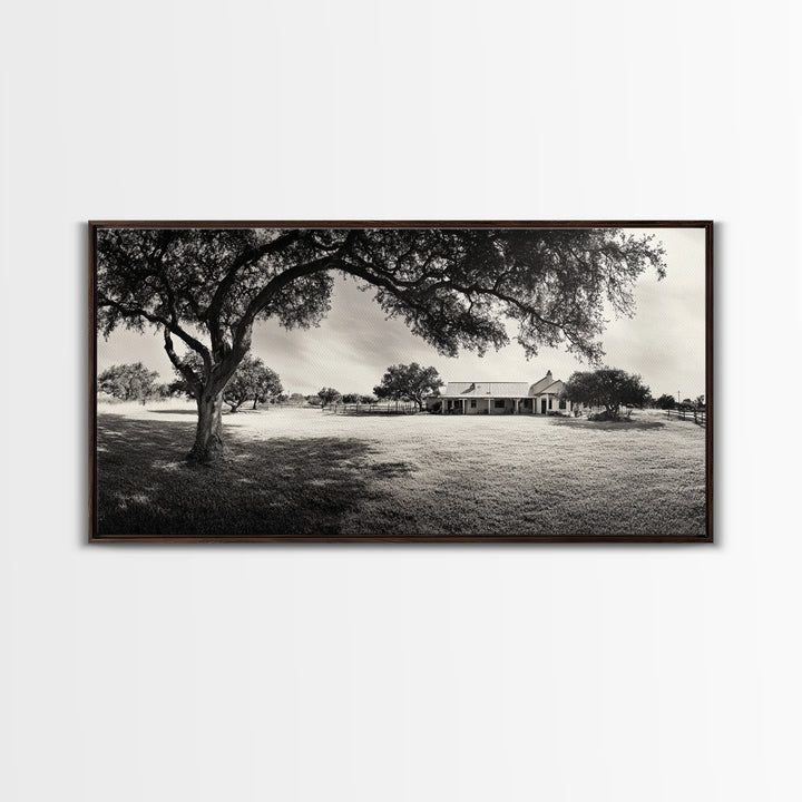 Country Farmhouse Shade, Texas Ranch Home, Oak Tree Horizon, Framed Canvas Print, Rustic Decor, Entryway or Dining Room Art