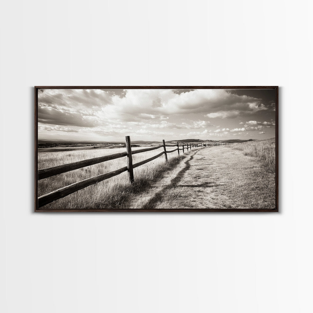 Countryside Fence Trail, Rolling Hills Walk, Prairie Path View, Framed Canvas Print, Western Art, Fall Wall Decor, Office Wall Art